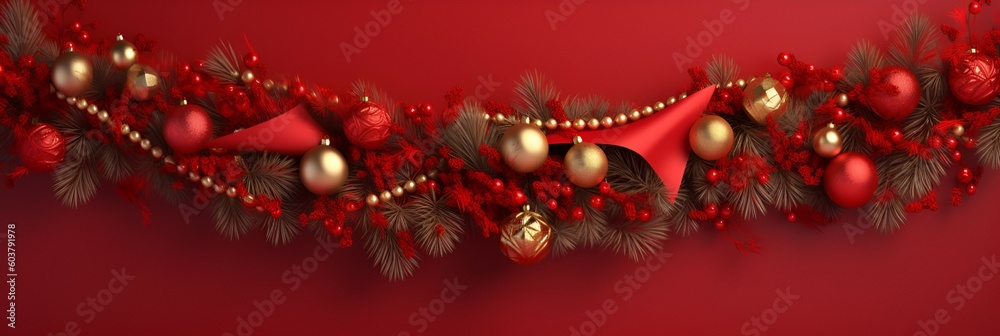 Obraz premium Extra wide Christmas border garland of fir branches, baubles, pine cones and other ornaments on a red background