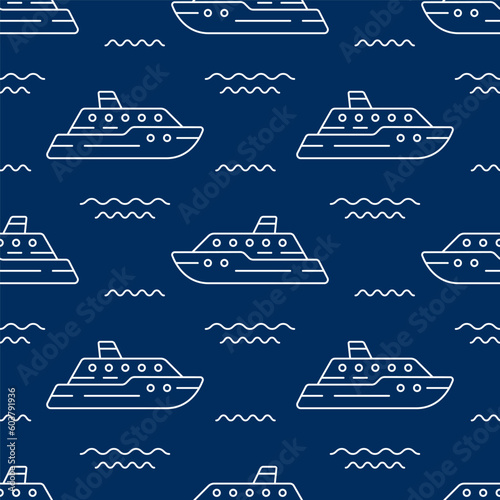 White linear contour ships isolated on a dark blue background. Marine monochrome seamless pattern. Vector simple flat graphic illustration. Texture.
