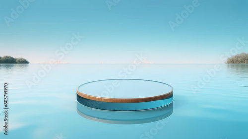 Abstract 3D Display Stand  Glass Podium on Blue Water Background. 3D Display Stand on Blue Water Background with Glass Podium Cosmetic Product Presentation. Generative AI illustration