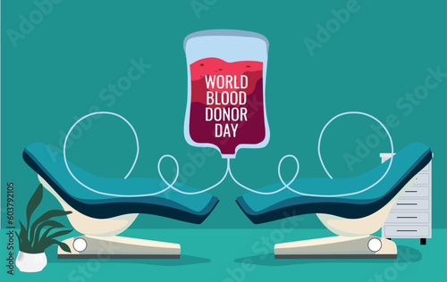 Day donation concept with bag of blood, hand and heart medical sign. Give blood save life. World blood donor day. Vector illustration