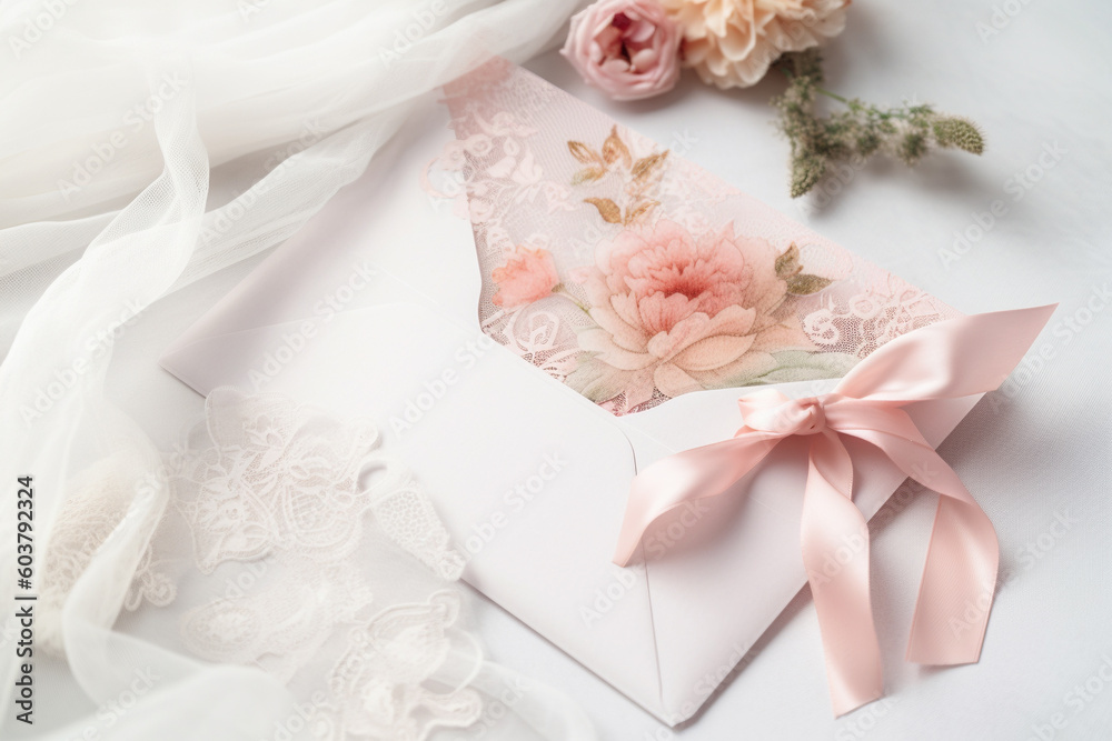 Beautiful wedding invitation envelope with pink ribbon and lace. Generative AI illustration Beautiful wedding invitation envelope with pink ribbon and lace. Generative AI illustration