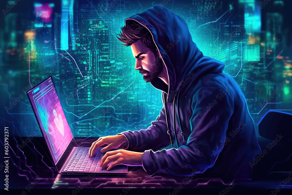 Cyber hacker man typing on laptop with circuit board animation background. Generative AI Cyber hacker man typing on laptop with circuit board animation background. Generative AI