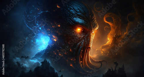 Cosmic Leviathan: A Chilling Depiction of the Ancient God Cthulhu, Manifesting in Dark Space and Matter, Imagined by Generative AI photo