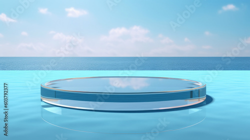 Abstract 3D Display Stand: Glass Podium on Blue Water Background. 3D Display Stand on Blue Water Background with Glass Podium Cosmetic Product Presentation. Generative AI illustration © Максим Зайков