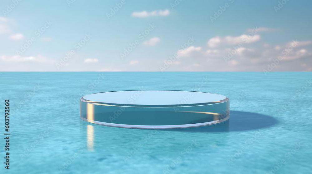 Abstract 3D Display Stand: Glass Podium on Blue Water Background. 3D Display Stand on Blue Water Background with Glass Podium Cosmetic Product Presentation. Generative AI illustration