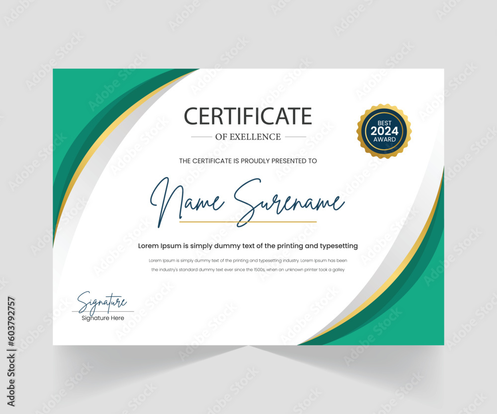 Obraz premium Modern Certificate Template Green and Gold Color, Award Diploma