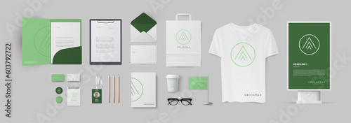 Corporate identity mockup with green ecological logo. Minimalistic style with lineart logo and branding stationery template.
