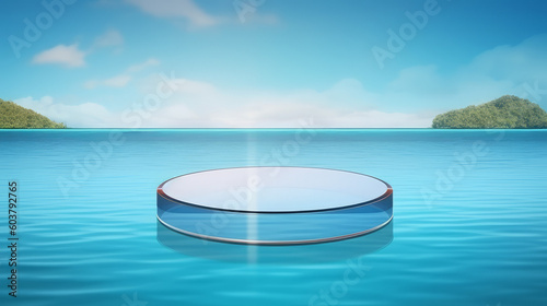 Abstract 3D Display Stand  Glass Podium on Blue Water Background. 3D Display Stand on Blue Water Background with Glass Podium Cosmetic Product Presentation. Generative AI illustration