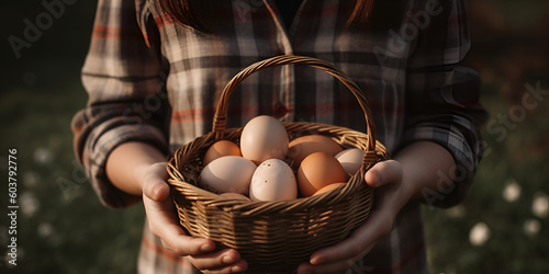 A girl farmer in a shirt holds a wicker basket with eggs in her hands on an organic farm.
