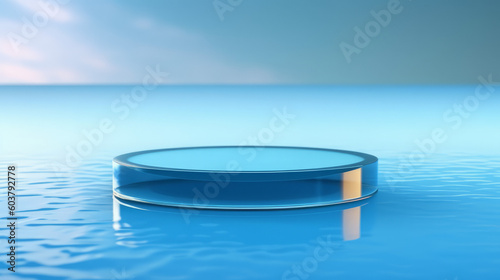 Abstract 3D Display Stand: Glass Podium on Blue Water Background. 3D Display Stand on Blue Water Background with Glass Podium Cosmetic Product Presentation. Generative AI illustration © Максим Зайков