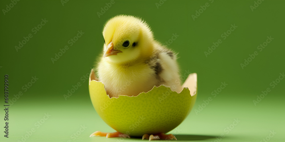 Small yellow chick in eggshell, chick and egg. Generative AI
