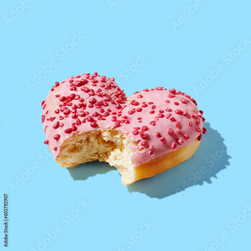 Bitten heart shaped donut with glaze on blue pastel background