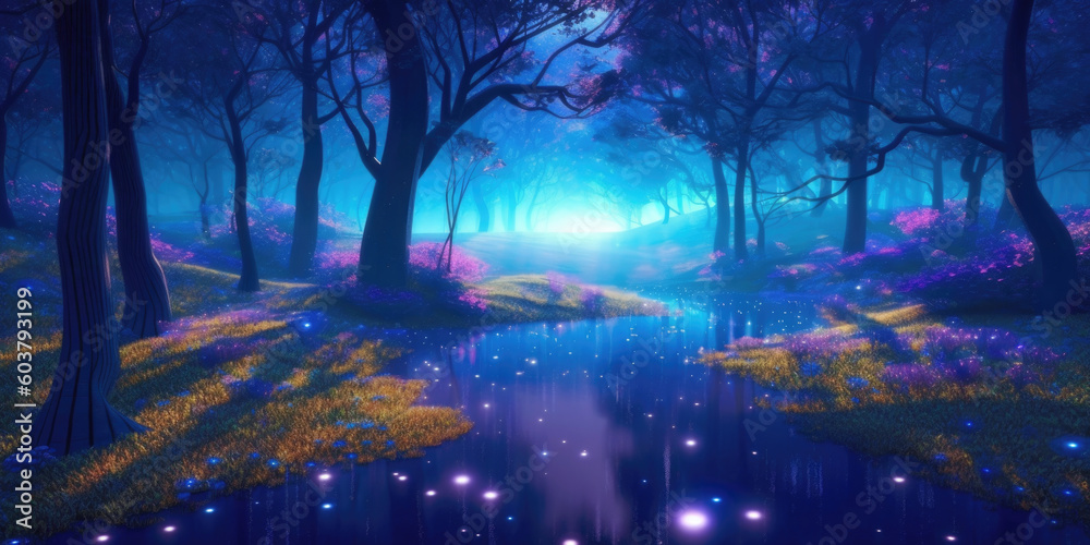 Little lake in enchanted forest at night lit by moonlight with mysterious flowers in bloom and twinkling fireflies