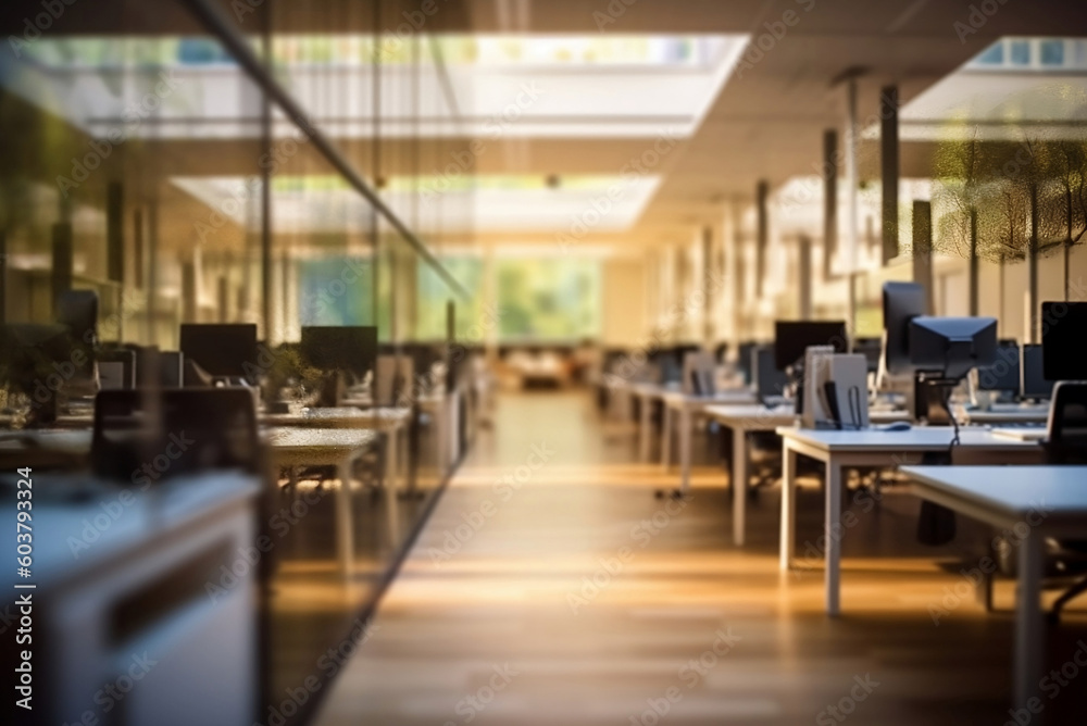 Blurred large modern office workspace in the sunset , interior workplace with cityscape for business