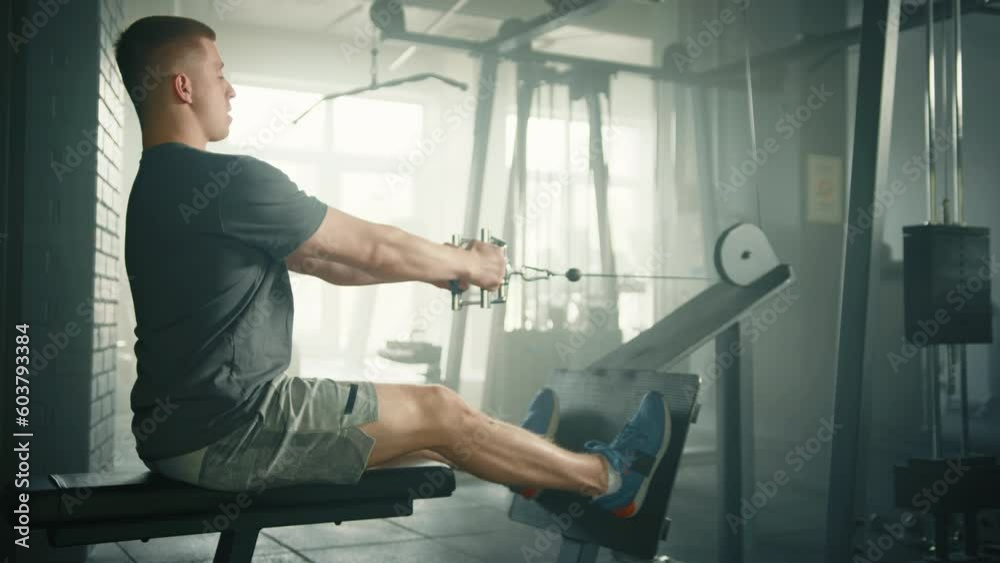 Profile shot of fit man performing seated cable row on cable crossover machine. Sportsman sits on the bench pulling the handle toward lower abdomen. High quality 4k footage