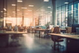 Blurred office workspace in the evening , interior workplace with cityscape for business presentation background,