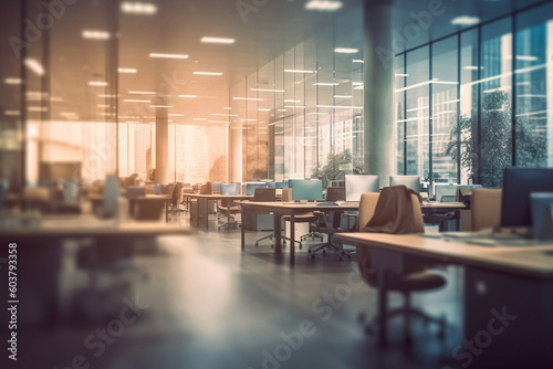 Blurred office workspace in the evening , interior workplace with cityscape for business presentation background,