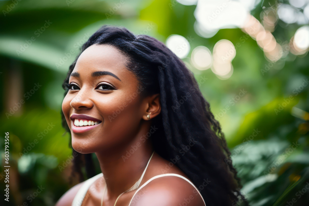 Portrait of young attractive laughing ebony woman laughing outdoors on the tropical beach. Generative AI Portrait of young attractive laughing ebony woman laughing outdoors on the tropical beach. Generative AI