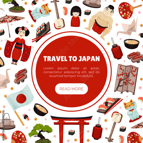 Japan Travel Banner Design with Traditional Symbols Vector Template