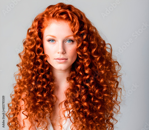 Redhead girl with long and shiny wavy hair on white background. Beautiful model with curly hairstyle. Generative AI.