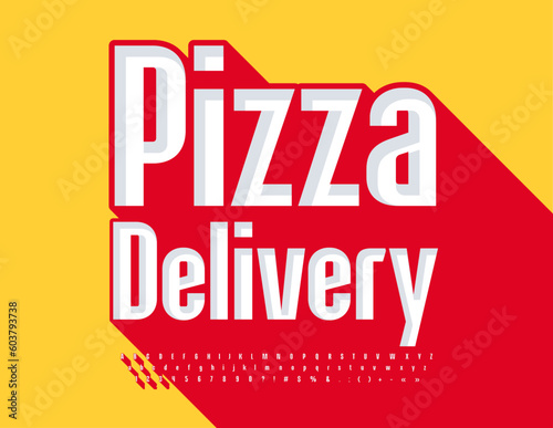 Vector advertising banner Pizza Delivery. Trendy style Font. White set of Alphabet Letters, Numbers and Symbols with Big Red Shadow