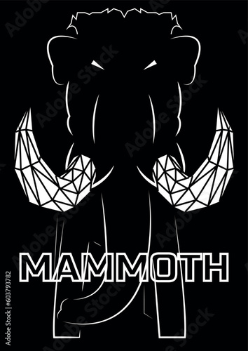 Line Illustration of Mammoth with Big Tusks - Black White, 3D Tusks, Named, Vector.