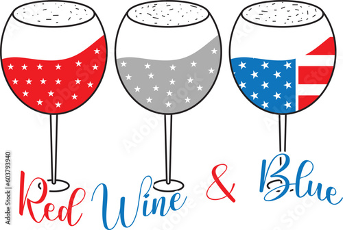 Red wine & blue wine glasses of American flag 4th of July t-shirt design