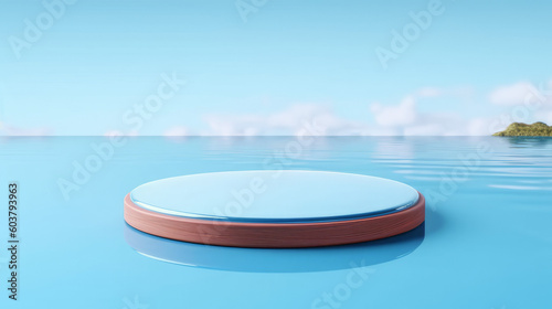 Abstract 3D Display Stand  Glass Podium on Blue Water Background. 3D Display Stand on Blue Water Background with Glass Podium Cosmetic Product Presentation. Generative AI illustration