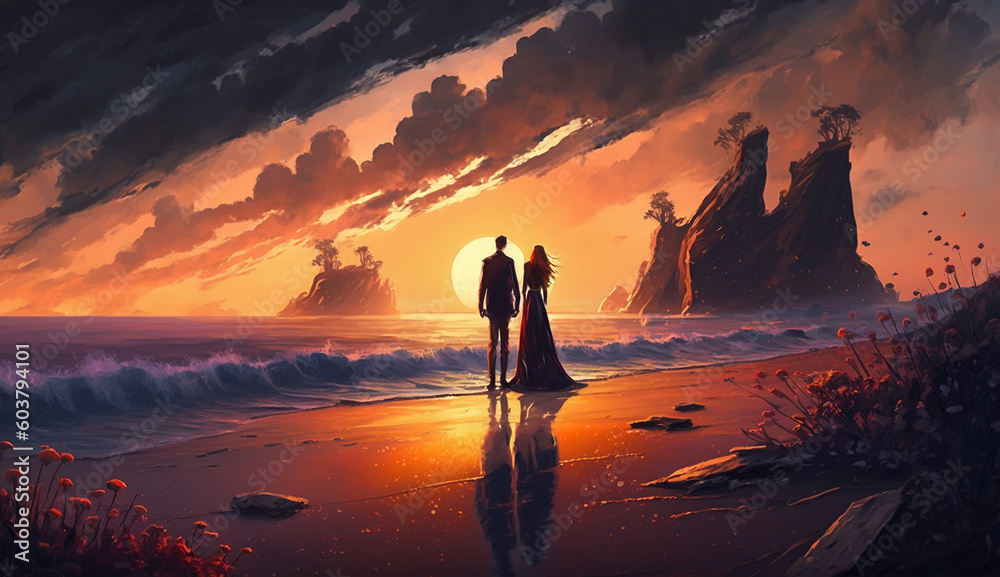 Love couple in a sunset sea beach AI generated Love couple in a sunset sea beach AI generated