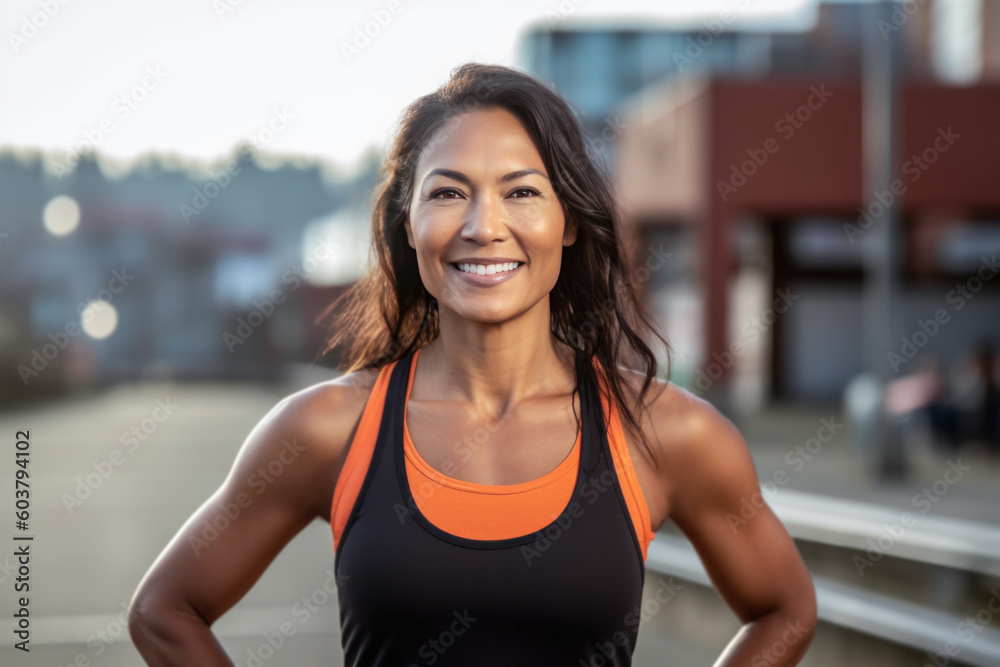Woman posing in a black and orange top. Generative AI. Woman posing in a black and orange top. Generative AI.