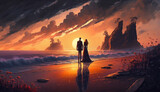 Love couple in a sunset sea beach AI generated