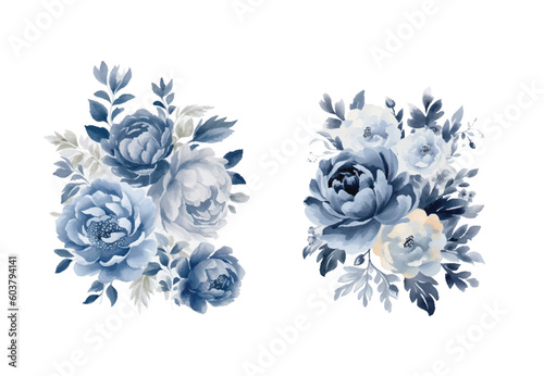 Watercolor navy blue flowers set, vintage vector flowers collection.