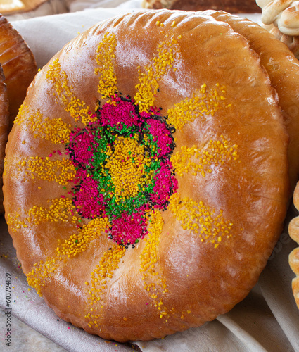 Decorated bread samarkand bazaar asian market photo