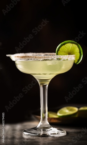 Margarita cocktail over a stone bar with black background created with Generative AI technology