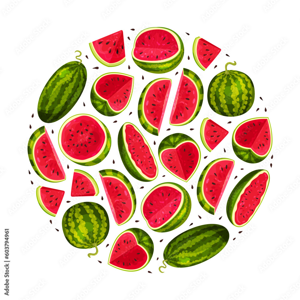 Fresh Watermelon Round Composition Design with Juicy Red Fruit Vector Template Fresh Watermelon Round Composition Design with Juicy Red Fruit Vector Template