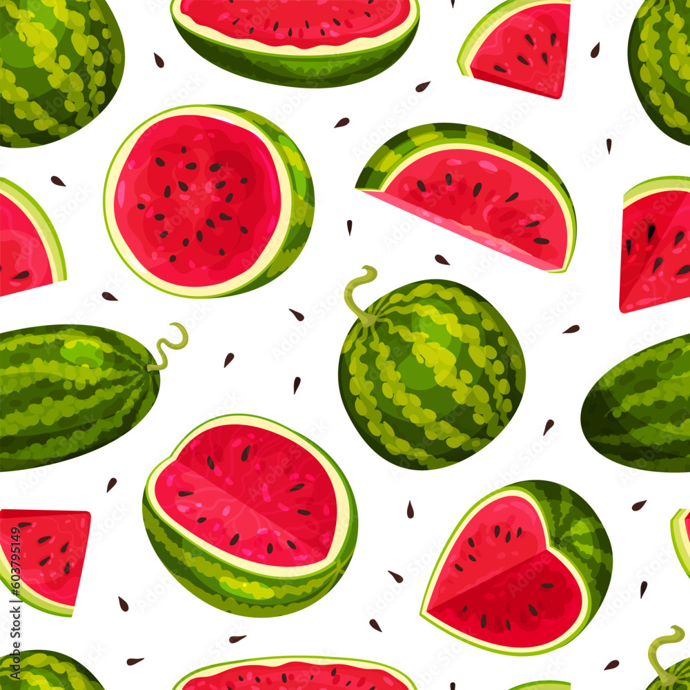 Fresh Watermelon Seamless Pattern Design with Juicy Red Fruit Vector Template Fresh Watermelon Seamless Pattern Design with Juicy Red Fruit Vector Template