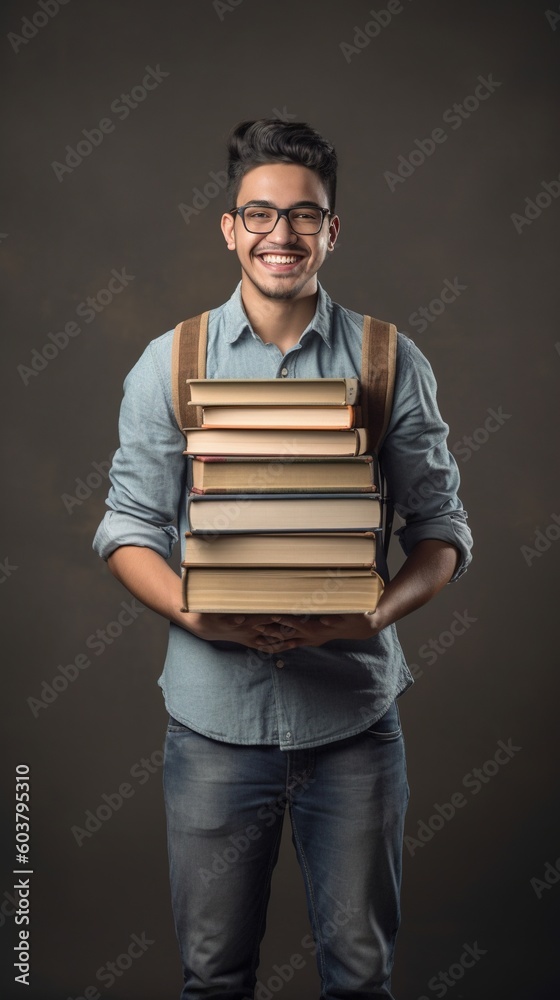 portrait indian college student happy carrying college book generative ai 