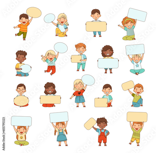 Smiling Kids Holding Empty Oval and Rectangular Plaque Big Vector Set