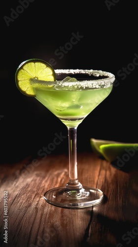 beverage margarita cocktail drink over a wood bar background created with Generative AI technology