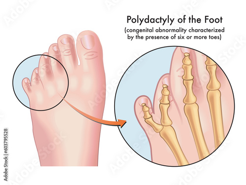 Medical illustration of a foot afflicted with Polydactyly, a congenital abnormality characterized by the presence of six or more toes, with annotations.