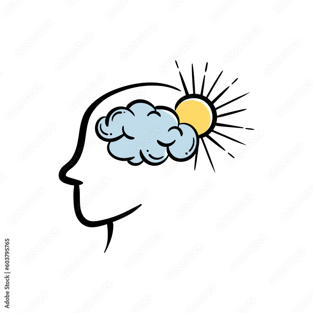 Mental health cheerful person head with sun and cloud concept hand drawn vector illustration