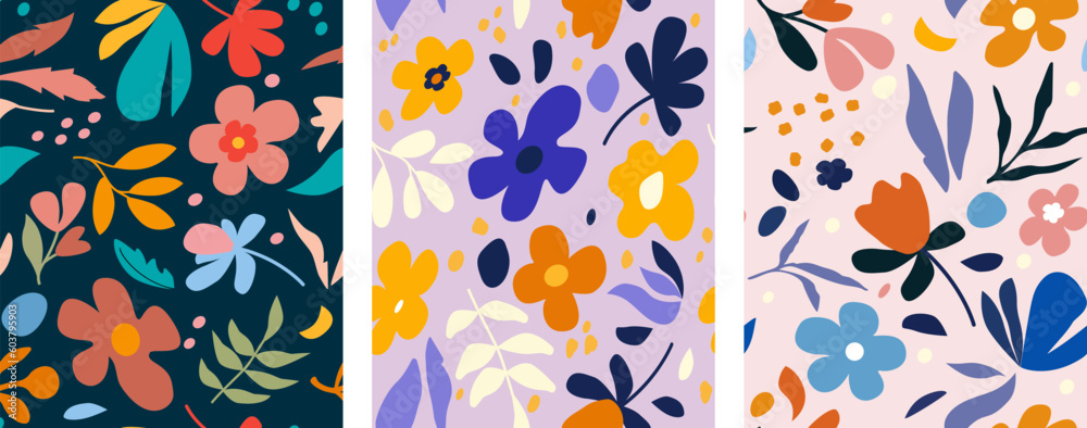 Set Abstract natural hand drawn botanical pattern with flowers, leaves, branches. Art style of Matisse. Simple modern illustrated design for fabric, print, cover, banner, wallpaper