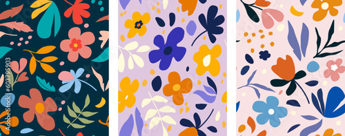 Set Abstract natural hand drawn botanical pattern with flowers, leaves, branches. Art style of Matisse. Simple modern illustrated design for fabric, print, cover, banner, wallpaper