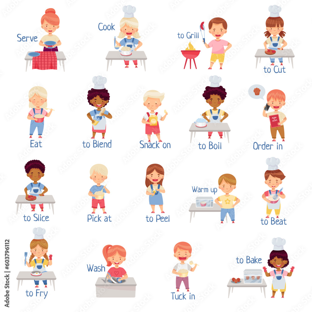 Little Children at Kitchen Cooking, Eating, Serving and Boiling Big Vector Set