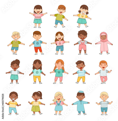 Happy Little Girl and Boy Standing with Open Arms for Hug Big Vector Set