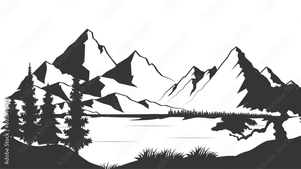 Black and white mountain with pine trees and lake. Mountain silhouette ...