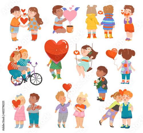 Little Kids in Love Flushed and Shy Holding Hands and Kissing Feeling Love Big Vector Set