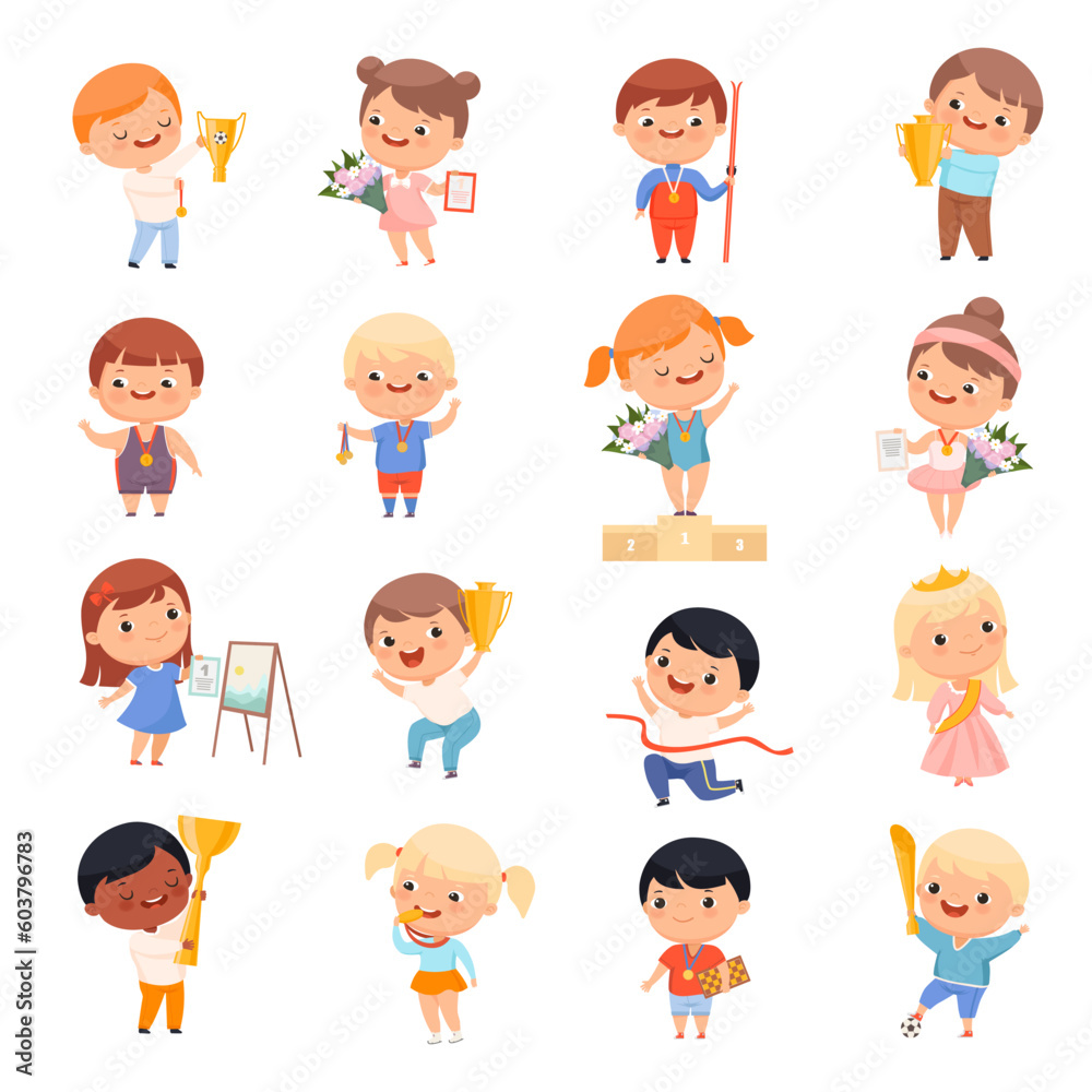 Happy Kid Winner with Gold Medal and Certificate of Achievement Big Vector Set Happy Kid Winner with Gold Medal and Certificate of Achievement Big Vector Set
