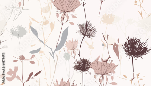 Boho flowers watercolor seamless paper for fabric, Dried Floral repeat pattern, Beige and purple floral rustic background. Flowers print. Modern pattern. Fashionable template for design