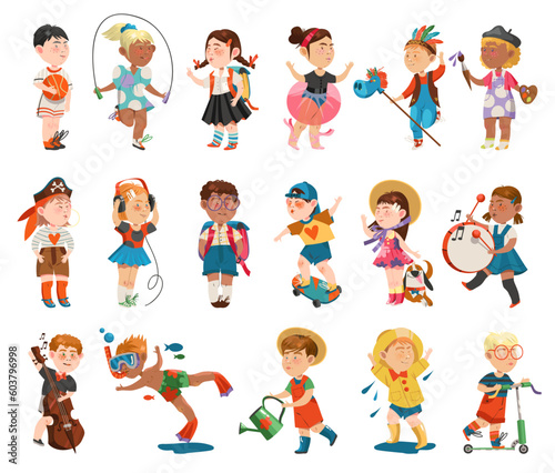 Funny Children Engaged in Different Activities Big Vector Set